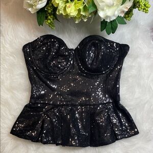 Bebe Black Sequin Peplum Bustier Top